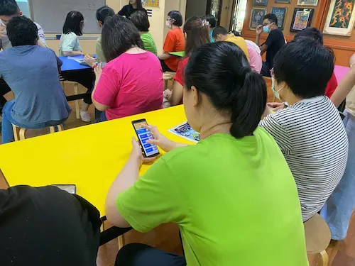 A lady in green shirt using her phone