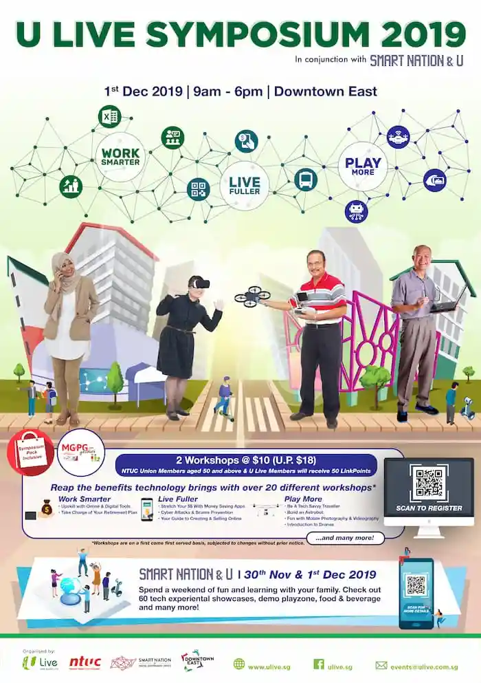 OSF Funded Project: Poster of the U Live Symposium 2019, featuring popular tech workshops for active agers