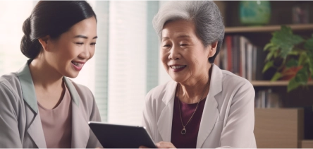 An elderly is smiling while holding an iPad with a young lady who is smiling beside her.