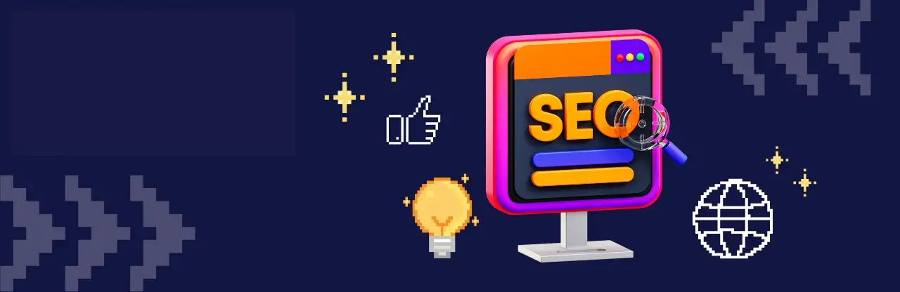 Illustrated image of a computer screen with big letters spelling “SEO”, a globe symbolising the world wide web, lightbulb and a thumbs up symbol is on the image too.