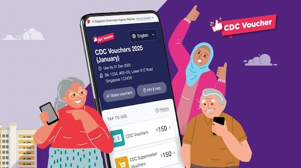 An illustration showing a group of seniors and digital CDC Vouchers on a smartphone interface